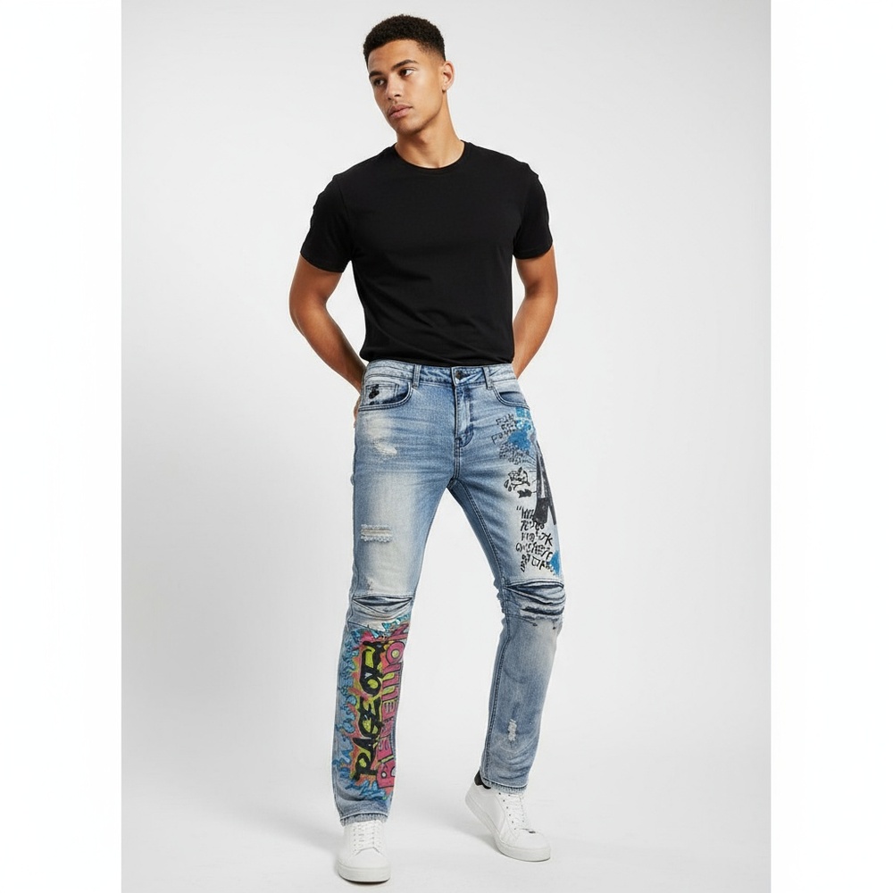 MAJESTIK Distressed Ripped Graffiti Moto Blue Jeans Streetwear Urban Mens 34/32